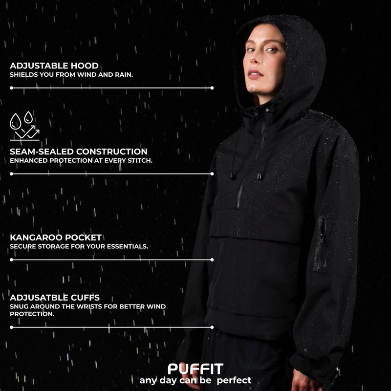 【Restocked】PUFFIT STM-TEX Waterproof Oversized Fall Hoodie Coat Warm Half Zip Rain Jacket with Adjustable Waist, Hood & Cuffs, Jacket Outerwear with Large Kangaroo Pocket Ladies Clothes for All Seasons Daily Wear #FallFreshness,Shell Jacket,Ski Jacket